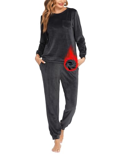 Ekouaer Schlafanzüge Damen Lang Warm Rundhals Velour Winter Pyjama Set Hausanzug mit Taschen Zweiteiliger Freizeitanzug Grau S