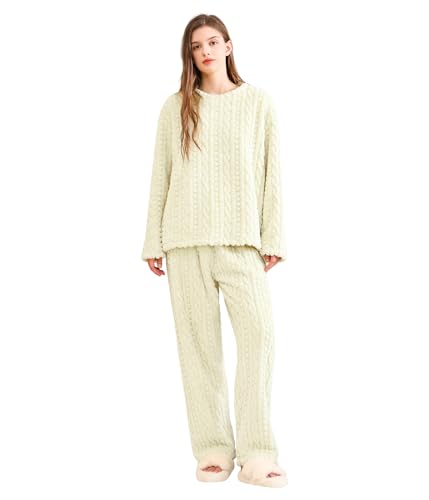 POWER FLOWER Damen Flauschiges Fleece-Pyjama-Set – Lockerer Plüsch-Pullover und Hose, 2-teiliges gemütliches Schlafanzug-Set für den Winter (S-M, LY222-Green)