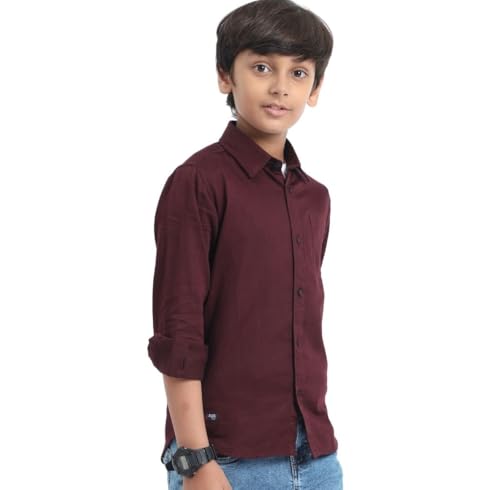 Image of Red Nine Rocket Science Boys' Solid Satin-Finish Poly Cotton Shirt | Single Pocket, Spread Collar, Long Sleeve, Casual