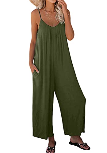 Onsoyours Combinaisons Femme Salopette Lin Combinaison Grande Taille Été sans Manches Salopette Loose Pantalon Large Baggy Jumpsuit Décontractée E Vert L