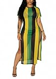 LROSEY Sexy Short Sleeve Beach Dress Vacation Jamaican Striped High Slits t Shirt Midi Dresses Swim Cover Ups