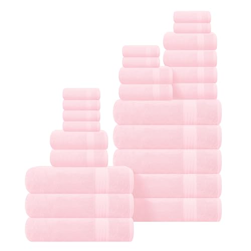 GLAMBURG Ultra Soft 24-Piece Towel Set - 100% Pure Ringspun Cotton, Contains 8 Oversized Bath Towels 27x54, 8 Hand Towels 16x28, 8 Wash Cloths 13x13 - Ideal for Everyday use, Hotel & Spa - Pink