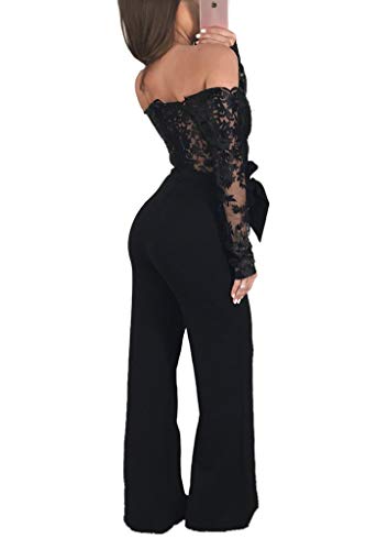 Ophestin Women Sexy Off Shoulder Floral Lace Long Sleeve Bodycon Wide Leg Jumpsuits Rompers with Belt Black L
