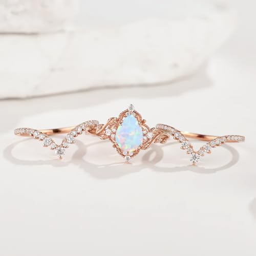 Pear Cut Gemstone Engagement & Wedding Rings - 10K, 14K, 18K White & Yellow & Rose Gold Bridal Sets - Vintage 3pcs V Shaped Promise Ring2