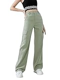 SweatyRocks Girl's Casual Elastic Waist Zip Up Denim Pants Straight Leg Cargo Jeans with Pocket Green 8-9Y