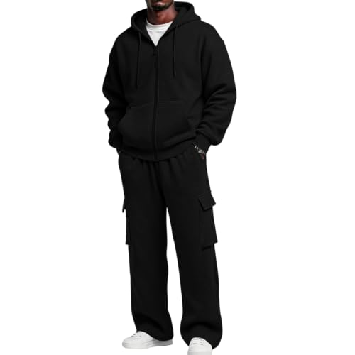 ASUIU - Mens Cargo Track Suits 2 Piece Set - Full Zip Up Hoodie and Jogging Sweatpants Sportswear - Black, Medium - Best Deal on Amazon