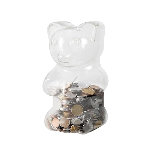 Image of Clear 7 Inch Small Bear Shape Piggy Bank, Plastic Piggy Bank with Twist Cap and Slot for Adults Kids Openable, Reusable Money Saving Box for Birthday