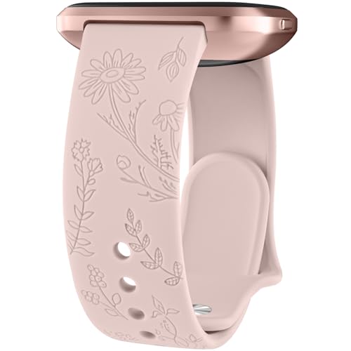 Vancle Armband für Fitbit Versa 2 Damen Herren Silikon Armbänder Floral Gravierte Uhrenarmband Sport Ersatzarmband Rosa