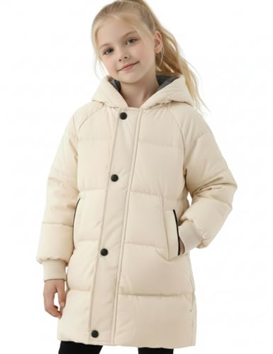 PATPAT Hooded Puffer Jackets for Girls Size 6-7 Years Beige Heavyweight Medium Length Winter Coat Warm Quilted Padded Little Kids Fall Winter Outwear