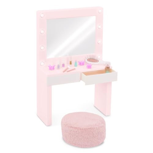 Our Generation - Set de tocador Glam & Glow - Juego de Mesa de tocador Rosa - Espejo Luminoso - Maquillaje de fantasía y artículos de estilismo - Juguete para niños a Partir de 3 años