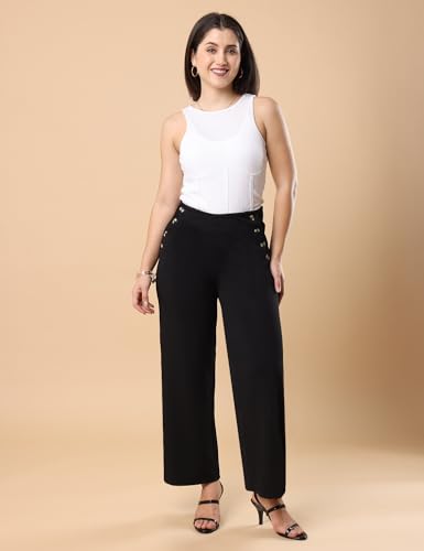 Image of FYLTR Women's Classic Wide Leg Trousers with Side Button-up Design | Mid-Rise | Trouser Pants for Women