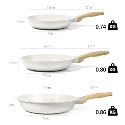 Image of GiPP Non Stick Frying Pan Set - 24 /26 /28cm Granite Nonstick Pan Skillet, Non Toxic Pans for Cooking, Omelette Pans with Stay Cool Handle, Induction Compatible, PFAS /PTFE /PFOA Free, White