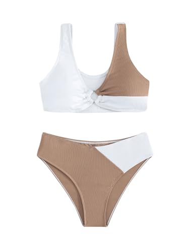Image of SweatyRocks Girl's Two Piece Color Block Swimsuit V Neck Ribbed Bikini Set Bathing Suit Beachwear White Brown 10Y