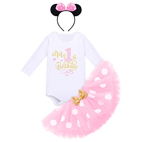 Winter 1st Birthday Outfit Girl My First Birthday Girls Mini Cake Smash Outfit Infant Girl Romper Polka Dots Tutu Dress Skirt Bow Headband Mouse Party Supplies 1st Birthday 1 Year Old Photo Shoot Pink