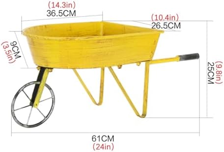 Heavy Duty Retro Garden Cart - Metal Wheelbarrow Utility Unicycle for Gardening, Lawn Care & Construction - Country Style Decoration (Yellow)