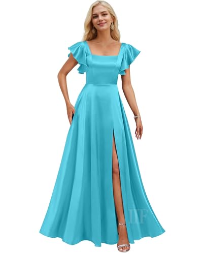 Image of IIF Short Sleeve Bridesmaid Dresses with Pockets Square Neck A-Line Satin Prom Gown Dress for Women with Slit IIF134