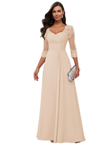 Loyeloy Women's Chiffon Mother of The Bride Dresses for Wedding with Sleeves 2025 Lace Applique Evening Gowns with Pockets