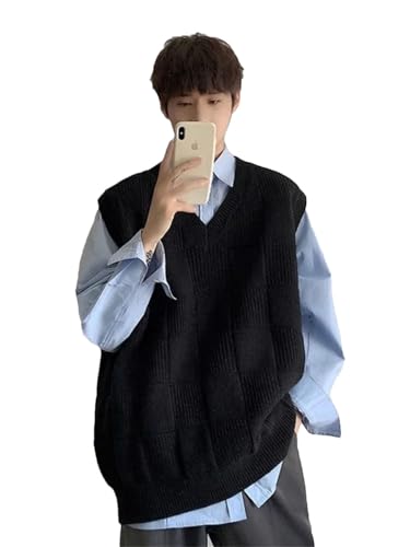 Men's Clothing Long Plaid Knit Sweater Loose Fit Vest Sleeveless Waistcoat Japanese Retro Vest