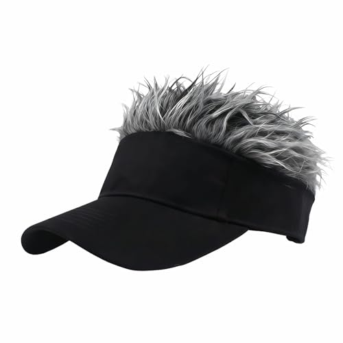 Hiiooweiyi Men's Visor Hat with Fake Hairs, Visor Hat with Hair for Men, Funny Spiked Sun Hats, Adjustable Baseball Wig Cap, Golf Cap for Birthday, Halloween, Christmas - Black and Grey