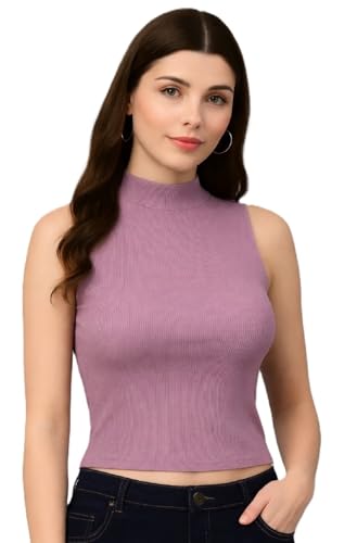 Image of ADBUCKS Women's Sleeveless Ribbed Cotton Mock Neck Top | Mock Neck Fitted Crop Top | Casual & Stylish - Sizes XS to XL