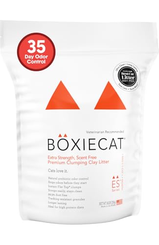 Boxie Extra Strength 35 Day Odor Control Clumping Clay Cat & Kitty Litter 16lb 99.9% Dust-Free Probiotic Formula Long-Lasting Veterinarian Approved Easy Scooping for Multi-Cat Homes