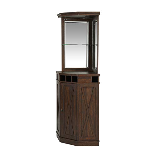 Home Source 73" Tall Corner Storage Cabinet with Wood Doors, Wine Rcak, Liquor Glass Holder, Glass Design Large Rustic Bar Hutch for Living Room, Home Office, Kitchen, Small Space, Mahogany