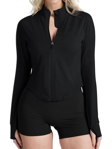 GYM RAINBOW Uv Protection Shirts for Women BBL Jacket Spf Sun Shirts Lightweight Long Sleeve Workout Jackets Running Jacket(Black,Medium)