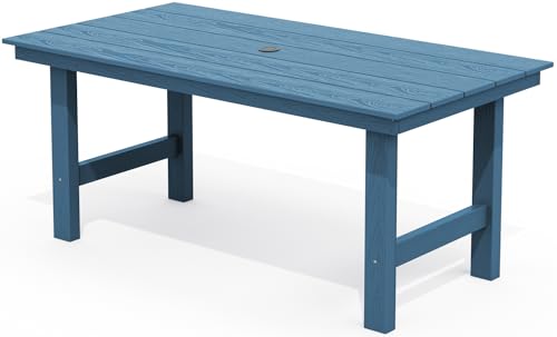 Image of SERWALL 67 inch Rectangle Outdoor Dining Table for 6, Blue | Patio Dining Table with an umbrella hole, HDPE Outdoor Dining Table which can holds up to 220LBS