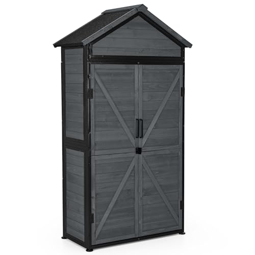 M MCombo Armario de jardín de madera con estructura de metal resistente a la intemperie, para exteriores, jardín, terraza, cobertizo para electrodomésticos, 2736 (gris)