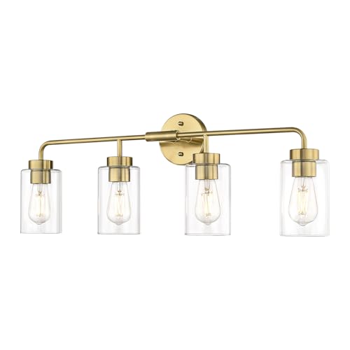zeyu 4-Light Bathroom Light Fixtures, Gold Vanity Lights for Bathroom, 31 Inch Wall Sconce Lighting, Brushed Gold Finish, Clear Glass Finish, ZS62B-4W BG
