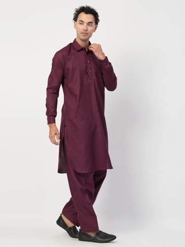 Image of Men's Traditional Pathani Kurta Salwar Set, Red, Long Sleeve, Collared Neck, Cotton Blend, Ethnic Wear