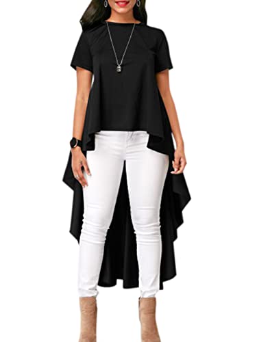 Zanzea Women's Irregular Hem High Low Asymmetrical Top Short Sleeve Casual Ruffle Blouse Shirts Tunic 5-Black X-Large #TOP27