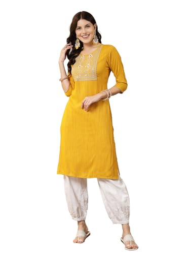 Stylum Women's Solid & Embroidered Cotton Blend Straight Kurta (Sandra44_Mustard, Xxl)