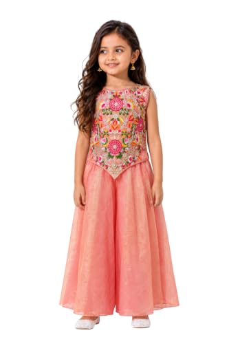Girls Embroidered Ethnic Top With Sharara Set Festiv Wear Sleevel...