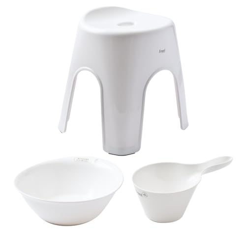 【ザッカLab.オリジナルセット】アスベル Emeal エミール 風呂椅子セット【手おけ+湯おけ+風呂イスセット】 座面高さ35cm ホワイト |バスチェア バススツール 手桶 湯桶 風呂いす ニュアンス くすみ カラー バス用品 腰掛け 浴室 洗い場 抗