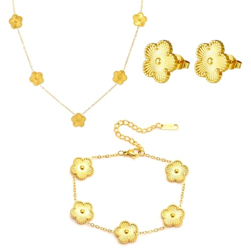 MOSTEDE Conjunto De Joyas Trébol De Cuatro Hojas Delicado Trébol De Cuatro Hojas De La Suerte Juego Trébol De Cuatro Hojas Collar Pendientes Pulsera Juego De Joyas Para Mujeres Y Niñas Regalo, Dorado