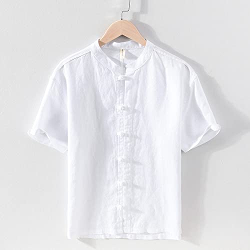 Chemise Blanc Coton Lin Homme H3TF5J Vintage à Col Montant et Manches Courtes