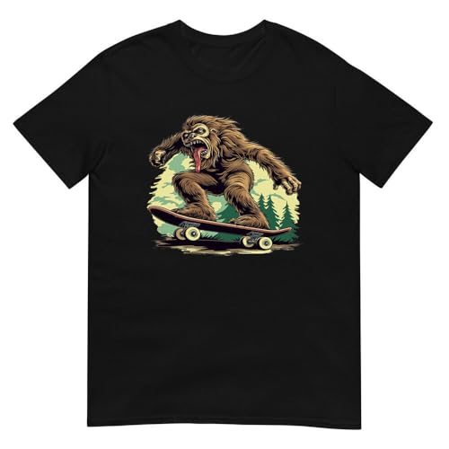Aisili Bigfoot Skateboarding T-Shirt - Funny Sasquatch Unisex Tee, Novelty Sport Shirt Black XL