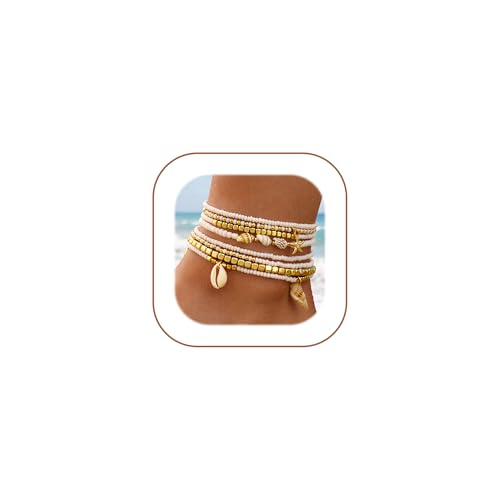 Image of iF YOU Gold Ankle Bracelets for Women, 14k Gold Plated Waterproof Cuban Link Chain Anklets Set, Layered Anklet Bracelets for Women Beach Gift Adjustable Size 5pcs