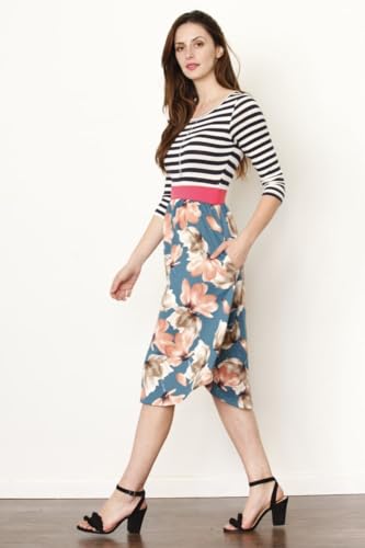 Image of Eloges Women's 3 /4 Sleeve Contrast Waist Band Floral Curved Hem Midi Dress