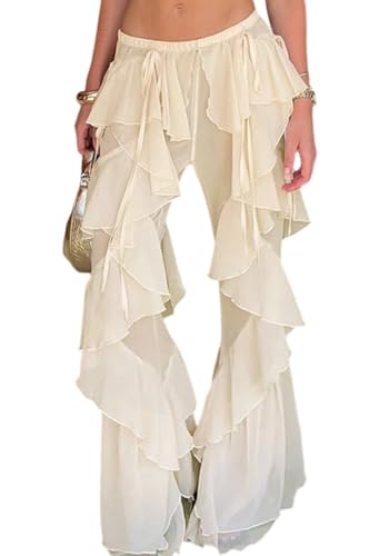 Unybwonn Women's Ruffled Wide Leg Pants Ladies Patchwork Lotus Leaf Hem Trousers Sexy Mesh Sheer Flared Pants Apricot