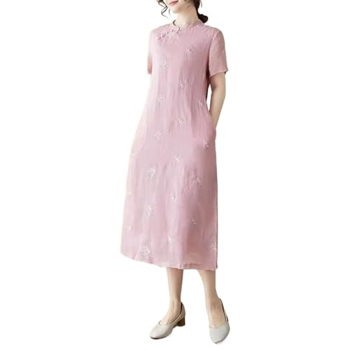 Robe chinoise en coton et lin brodé pour femme avec fente latérale