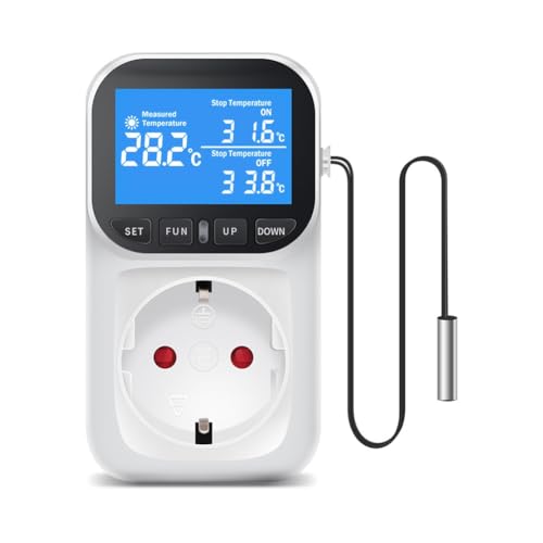 Jooehyer Termostato con de Corriente y Controlador de Temperatura Digital con Sensor de Temperatura, Interruptor de Calefacción y Refrigeración, Luz de Fondo, Enchufe Europeo