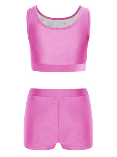 Kids Girls Shiny Metallic Suit Jazz Hip Hop Dancewear 2 Piece Crop Tank Top and Yoga Shorts Set2
