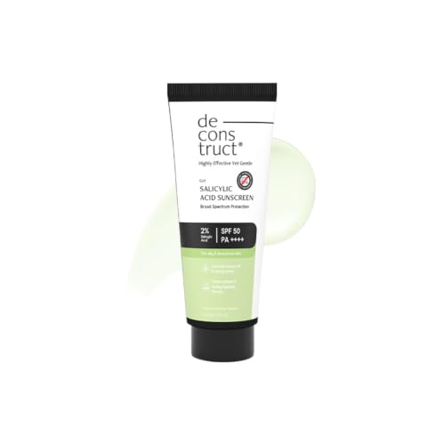 Image of Deconstruct 2% Salicylic Acid Sunscreen SPF 50 PA++++ | Sunscreen for acne prone skin, oily, dry and combination | Unclogs Pores | Controls Excess Oil | Matte Finish | Lightweight, Quick Absorb | For Oily & Acne-Prone Skin | For Men & Women 50g