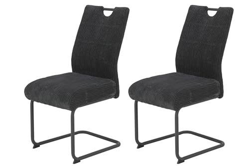 Hela Tische, 2er Set Esszimmerstuhl Merkur, Bezug Breitcord Anthrazit, Komfortsitz Federkorb, XL Sitzbreite, 140kg belastbar, Schwinger Metallgestell