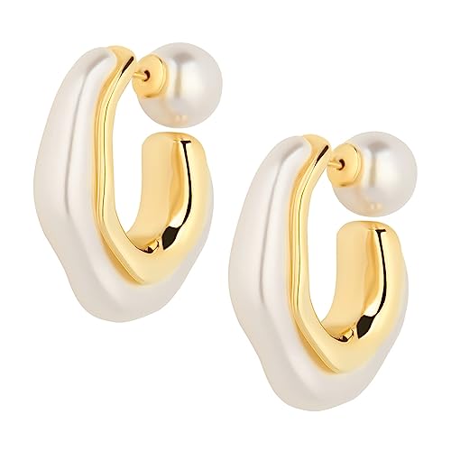 HETICA Chunky Gold Hoop Earrings, 14k Gold Plated Pearl Drop Earrings for Women, Statement Earrings, Suitable Gifts