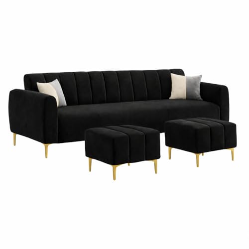 Image of Zora 5 Seater L Shape Sofa Set with 2 Movable Ottomans | Flexible Layout | Rich Velvet Suede Fabric | Silver Legs | Spacious Seating | Modern Sofa for Living Room (Black)