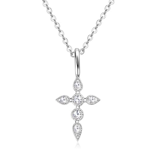 14K Gold Cross Diamond Necklace for Women, VVS2 Round-Cut Clarity Diamond Pendant, Birthday Gifts for Her(Chain Length: 15.75+1.97 inches)