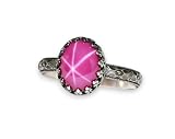 Salish Sea Inspirations Large Oval Created Pink Star Ruby Ring Symmetrical Flower Crown Vintage Silver (N-S Mount)